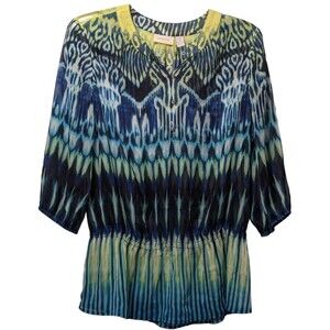 Chico's Size 2 Blue Green Ikat Print Sheer Blouse Women's Top